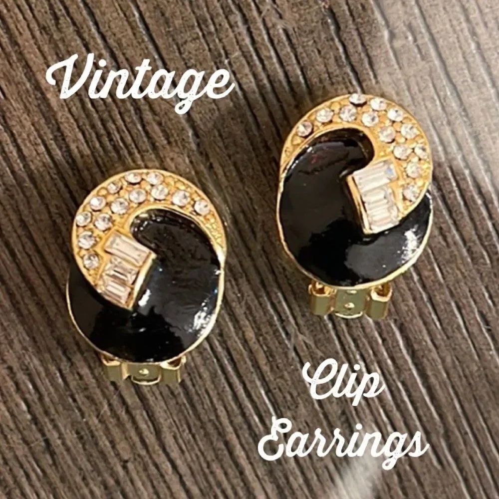 Vintage Black Enamel Swirl Clip Earrings with Rhinestones